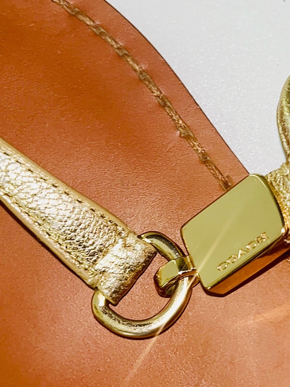 Coach Gold Leather T-Strap Sandals with Brown Footbed - Picture 4 of 9